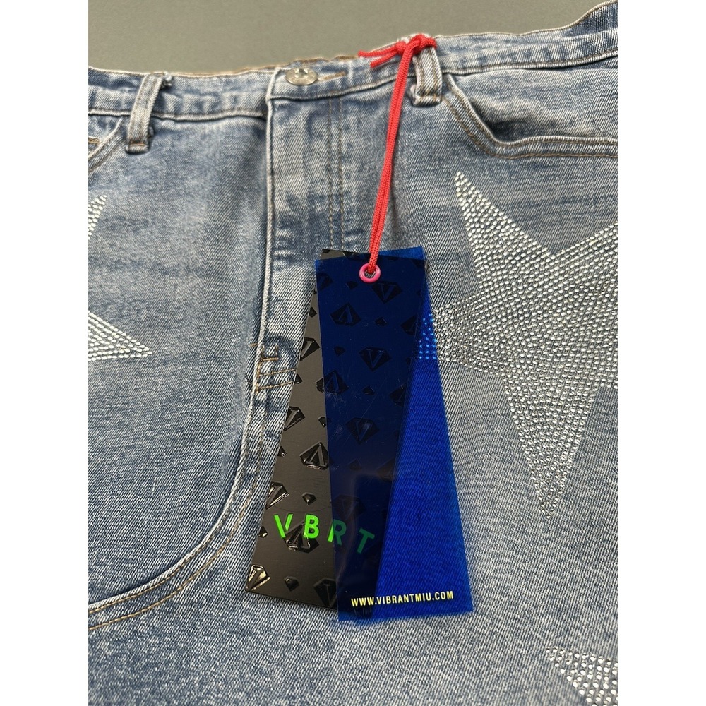 Vibrant VBRT Boot Barn Metallic Stars Rhinestone Denim Jean Women's M Skirt NEW - Picture 9 of 16